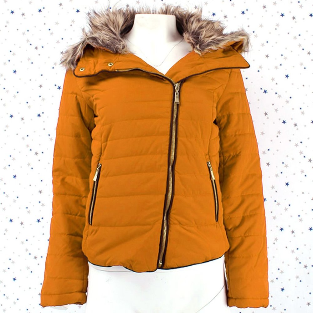Removable Faux Fur Collar Puffer Jacket Mustard
